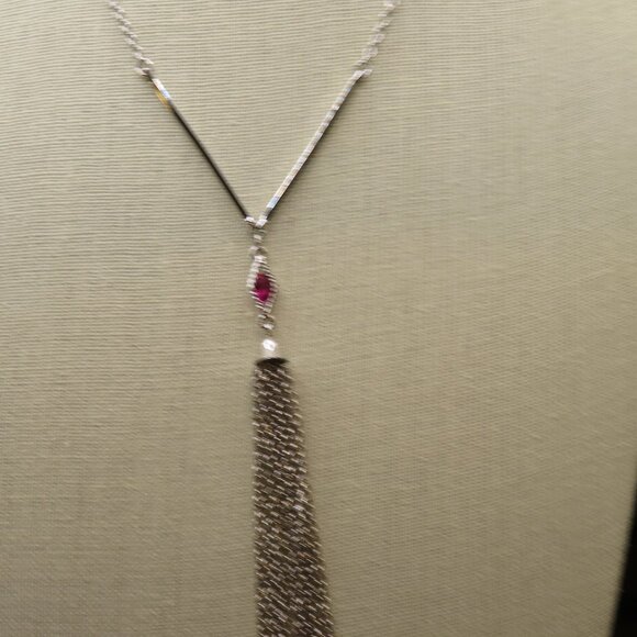 Sarah Coventry Vintage Silver Tone with Pink Rhinestone Tassel Necklace - Picture 4 of 8